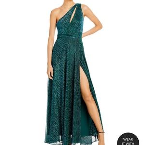 Aqua one shoulder crinkled metallic gown, size 2, jade green